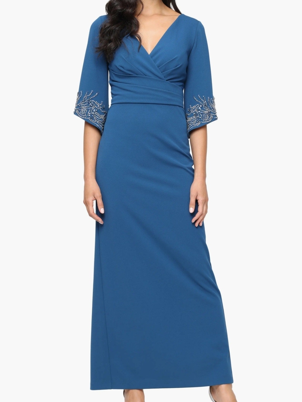 Alex Evenings Teal Blue Embellished Sleeve Wrap Maxi Dress